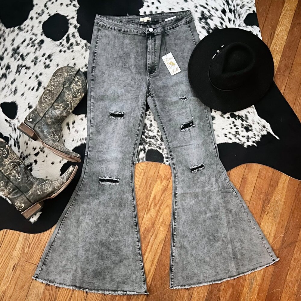 New With Tags | Home Folk Acid Wash Distressed Grey Flare Jeans